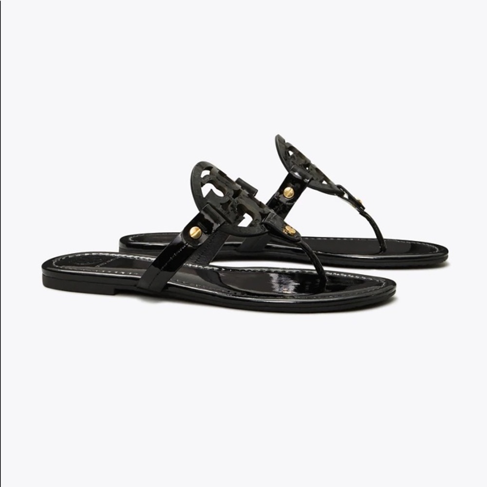 Tory Burch Miller Logo Black Patent Leather Sandals 8.5💕🎁